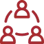 A red icon depicting three interconnected figures arranged in a triangular formation, representing collaboration or networking. Each figure is connected by lines, indicating communication or a shared relationship between them.