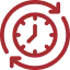 A red icon depicting a clock with two circular arrows around it, one pointing clockwise at the top and the other counterclockwise at the bottom, suggesting continuous time or process cycles.
