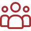 Icon depicting three stylized human figures in red. The central figure is larger, representing a leader, with two smaller figures on either side, symbolizing a group or community.