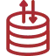 A red icon of a cylindrical database with three horizontal lines. Two arrows, one pointing up and one pointing down, emerge from the top of the cylinder, symbolizing data upload and download.