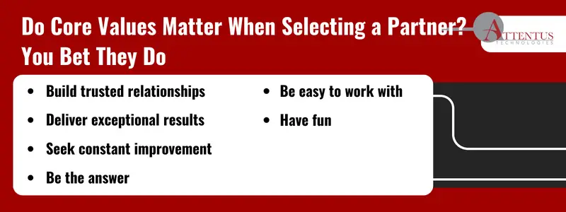 Do Core Values Matter When Selecting a Partner? You Bet They Do.
1. Build trusted relationships
2. Deliver exceptional results
3. Seek constant improvement
4. Be the answer
5. Be easy to work with
6. Have fun