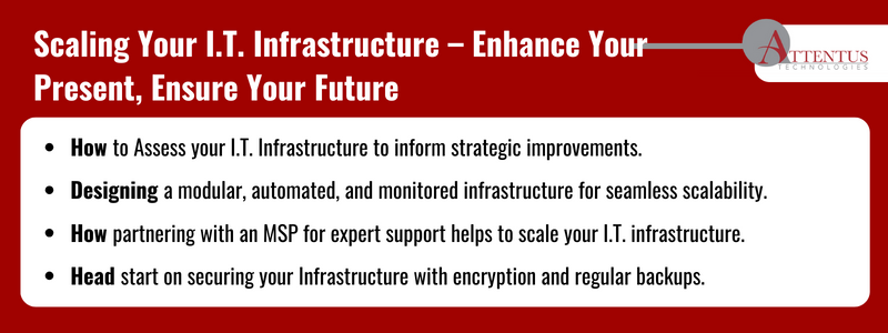 Key Takeaways:

	How to Assess your I.T. Infrastructure to inform strategic improvements.
	Designing a modular, automated, and monitored infrastructure for seamless scalability.
	How partnering with an MSP for expert support helps to scale your I.T. infrastructure.
	Head start on securing your Infrastructure with encryption and regular backups.

