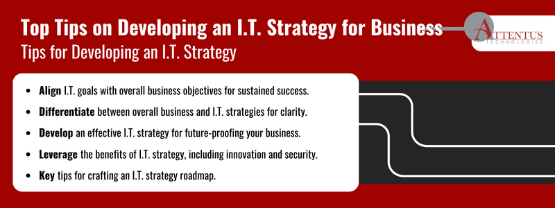 Key Takeaways:

  Align I.T. goals with overall business objectives for sustained success.
  Differentiate between overall business and I.T. strategies for clarity.
  Develop an effective I.T. strategy for future-proofing your business.
  Leverage the benefits of I.T. strategy, including innovation and security.
  Key tips for crafting an I.T. strategy roadmap.
