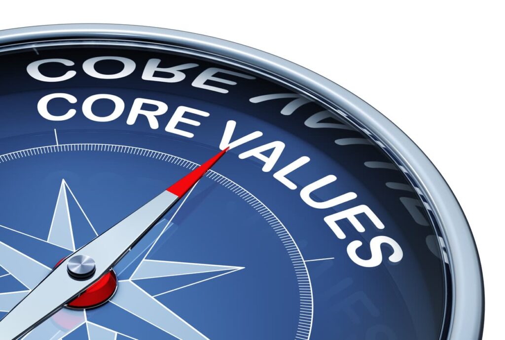 A compass dial points to the words core values