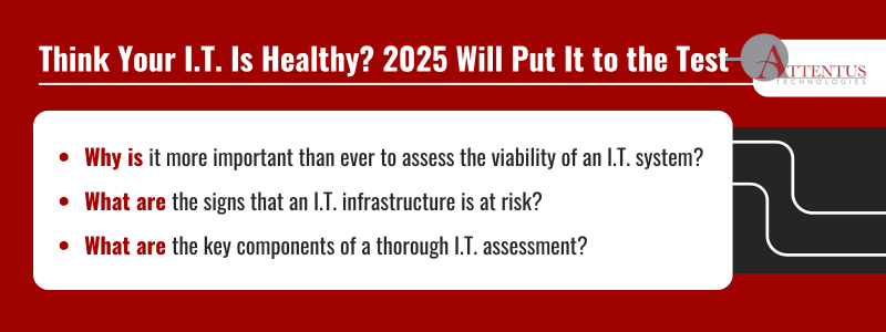 Key Takeaways: Why is it more important than ever to assess the viability of an I.T. system? What are the signs that an I.T. infrastructure is at risk? What are the key components of a thorough I.T. assessment? 