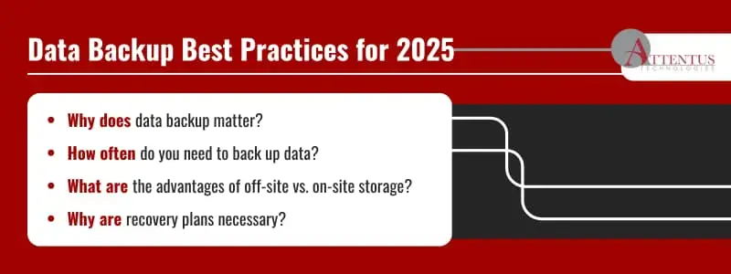 Data Backup Best Practices for 2025

Why does data backup matter?
How often do you need to back up data?
What are the advantages of off-site vs. on-site storage?
Why are recovery plans necessary?
