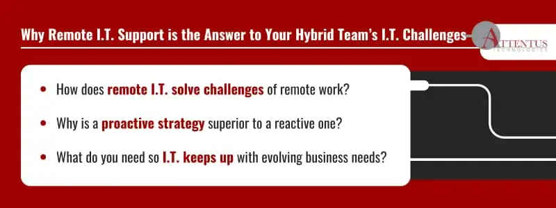 A red, white, and black graphic listing the benefits of remote I.T. support for hybrid work. 
