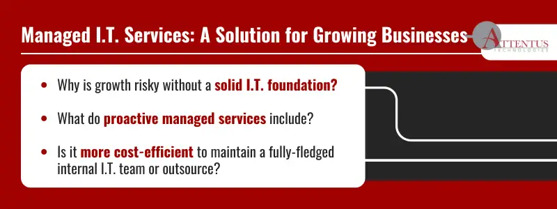 Still Counting on a Single I.T. Person? Here’s Why That’s Risky as You Grow
Why is growth risky without a solid I.T. foundation?
What do proactive managed services include?
Is it more cost-efficient to maintain a fully-fledged internal I.T. team or outsource?