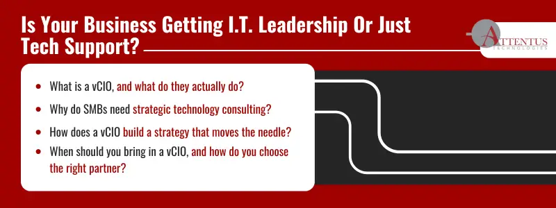 Is Your Business Getting I.T. Leadership Or Just Tech Support?
What is a vCIO, and what do they actually do?
Why do SMBs need strategic technology consulting?
How does a vCIO build a strategy that moves the needle?
When should you bring in a vCIO, and how do you choose the right partner?