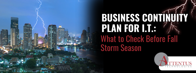 Business continuity plan for IT before fall storm season, illustrated with lightning over a city skyline.