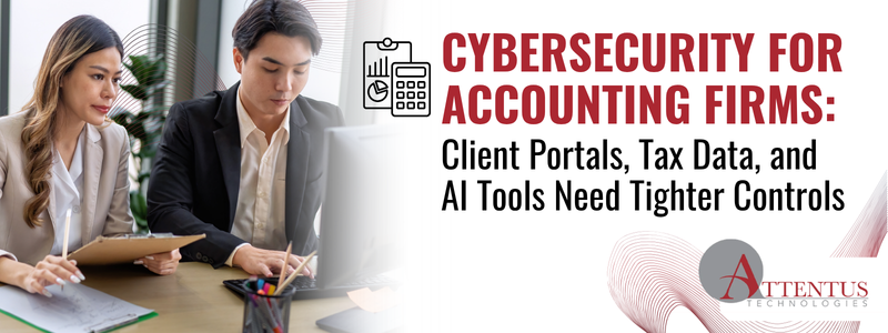 Accounting professionals reviewing financial data with guidance on cybersecurity for accounting firms, client portals, tax data, and AI tools.