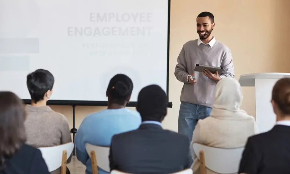 I.T. instructor conducting cybersecurity training for law firms to employees.
