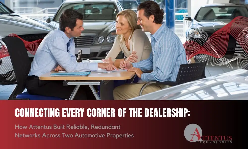 Customers meeting with a dealership representative, with text highlighting how Attentus built reliable, redundant networks across two automotive properties.