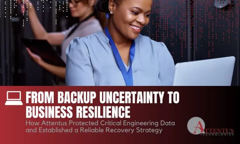 IT professionals in a server room, featured in Attentus’ case study on protecting engineering data with backup and disaster recovery.