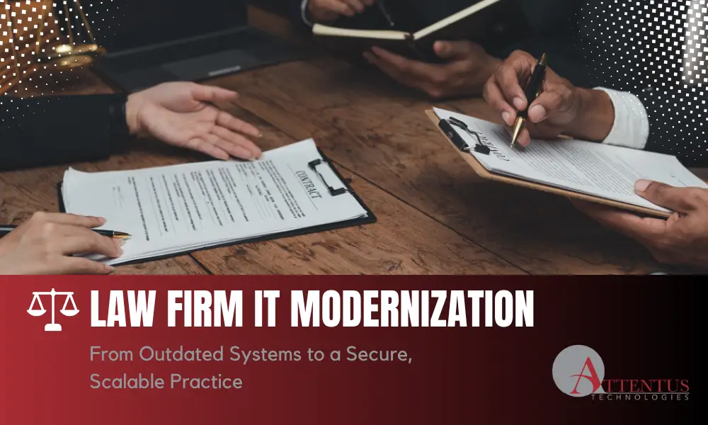 People reviewing legal contracts, with the Attentus case study title “Law Firm IT Modernization: From Outdated Systems to a Secure, Scalable Practice.”