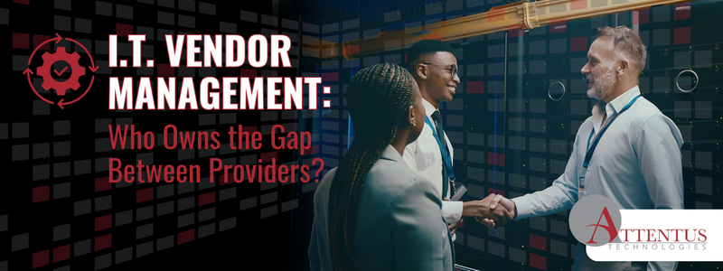 Professionals shaking hands in a server room beside text asking who owns the gap between I.T. providers.