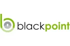 The image shows the logo of Blackpoint. It has the text "blackpoint" where "black" is written in black and "point" in green. The "b" is stylized with a green circular design that contains a grey padlock symbol inside.