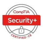 The image shows the CompTIA Security+ Certified CE badge. It has the CompTIA logo at the top with "Security+" prominently displayed in the center on a red background. At the bottom, there's a lock symbol, with "CERTIFIED CE" written below it in red.