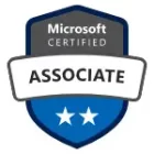 A badge with a blue and grey shield design featuring the text "Microsoft Certified" at the top, "Associate" in the center on a white banner, and two white stars on a blue background at the bottom.